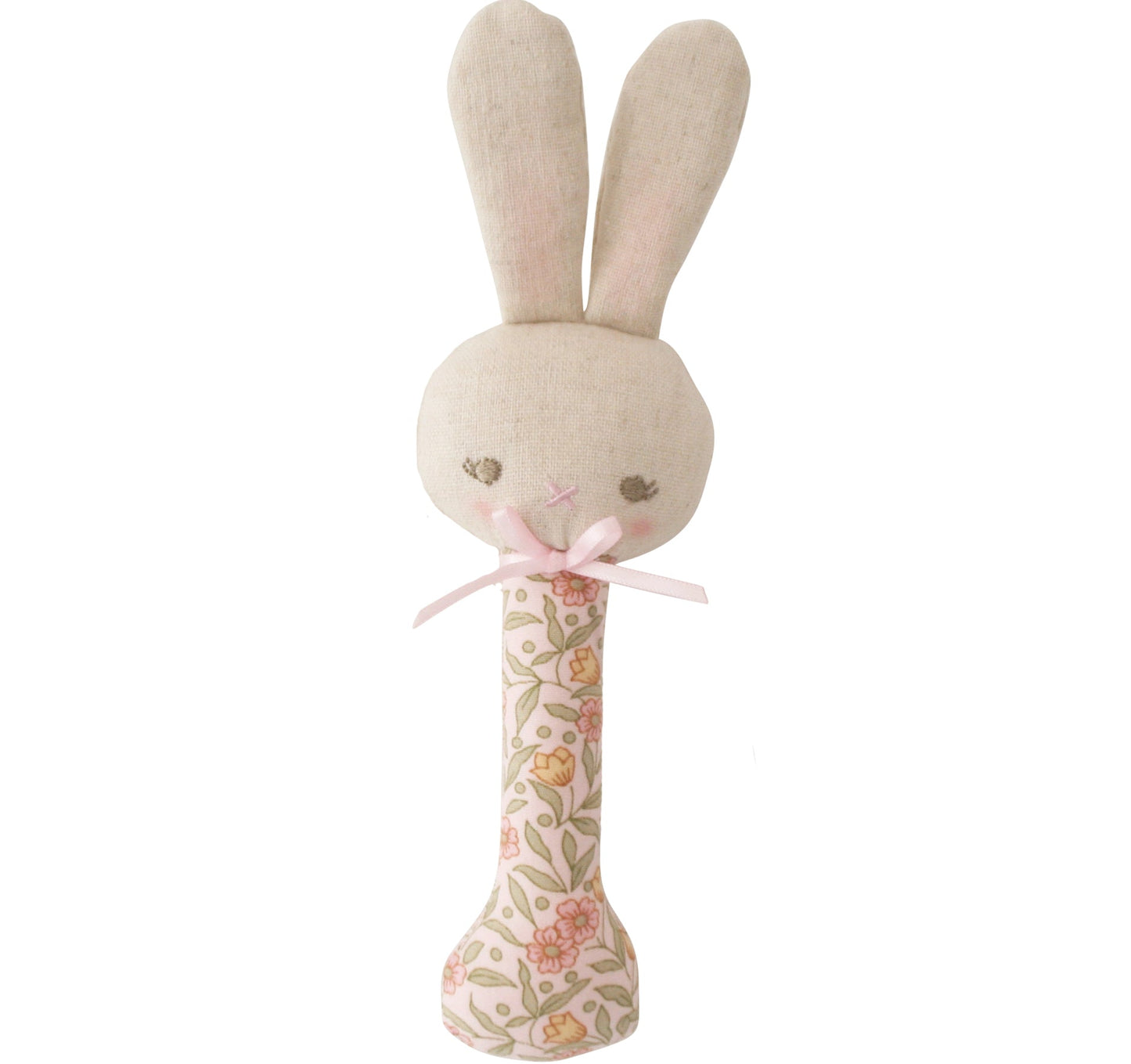 Stuffed bunny toy with floral patterned handle on a white background