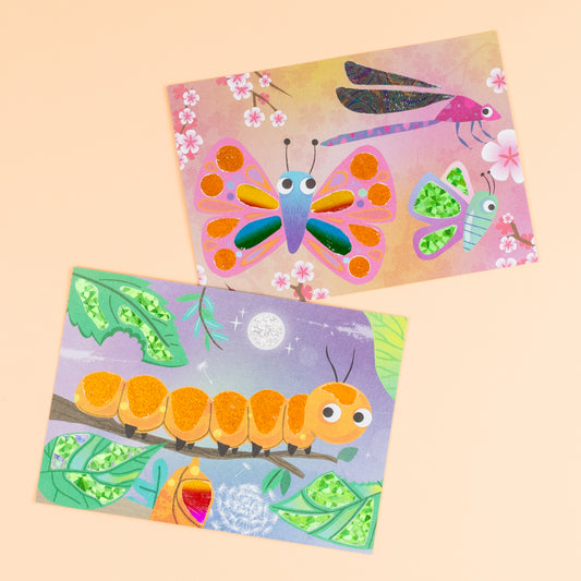 Completed caterpillar, dragonfly and butterfly foil art creations made with Tiger Tribe Foil Art Bug World kit