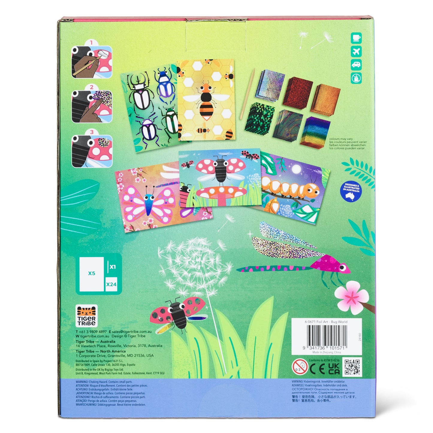 Tiger Tribe Foil Art Bug World craft kit showing beetle, bee and ladybird foil art designs for kids