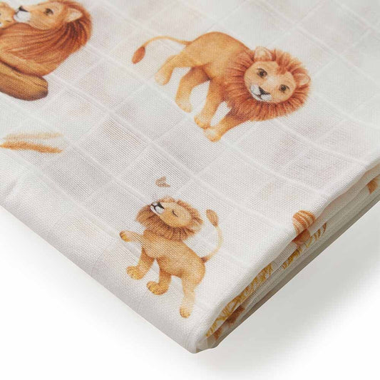 Muslin fabric with lion prints on a white background