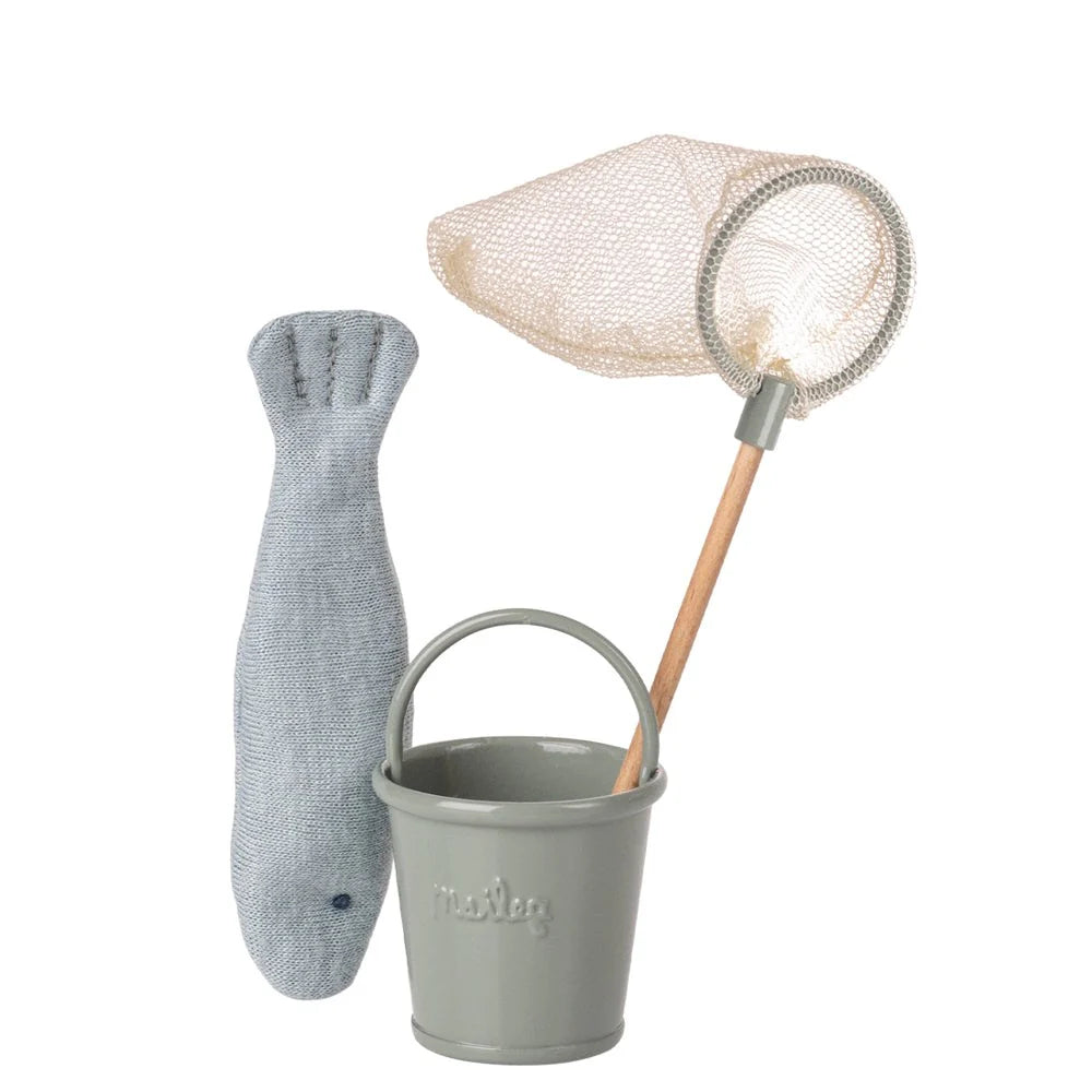 Maileg Mouse Toy fishing set with a fish, bucket, and net on a white background