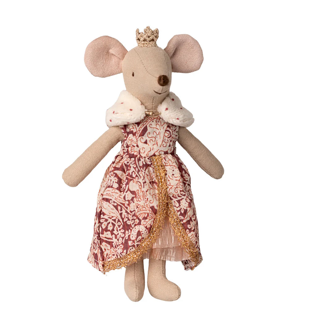 Stuffed mouse toy wearing a patterned dress and crown on a white background