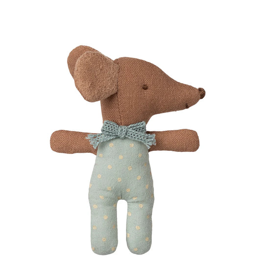 Stuffed mouse toy with a knitted bow tie on a white background