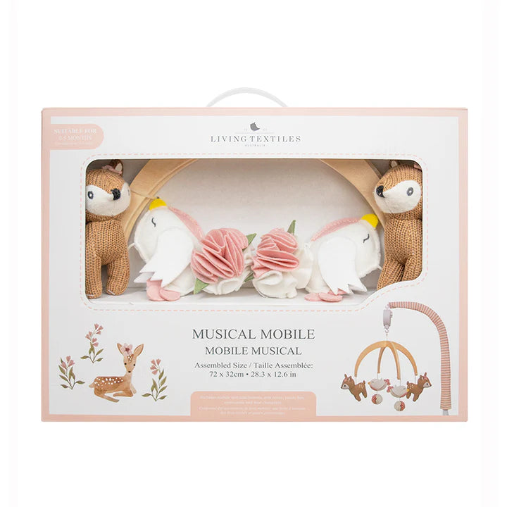 Living Textiles musical mobile packaging with toy animals and flowers.