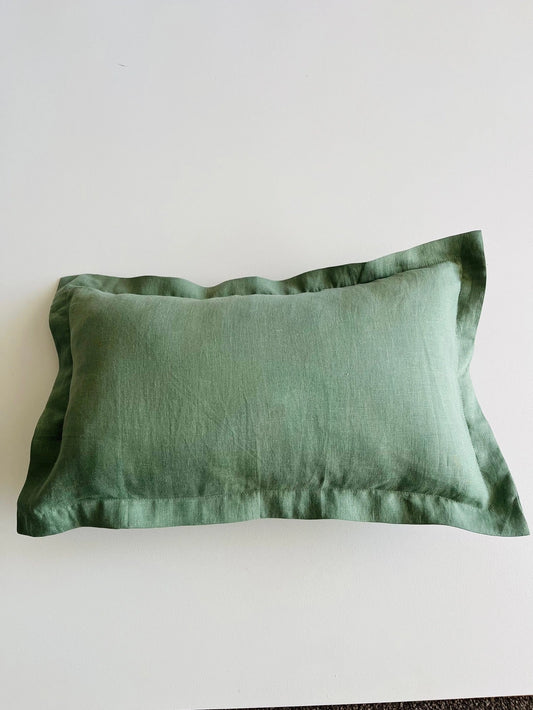 Pure French Linen Lumbar Cushion Cover with Flange - Deep Sage