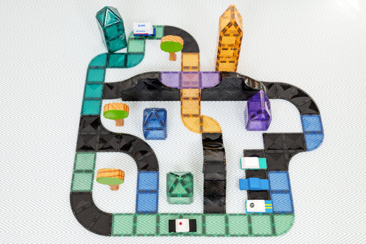 Colorful toy building block set on a white background