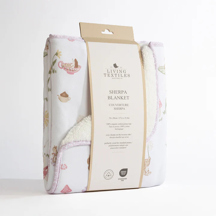 Living Textiles Sherpa blanket with packaging on a white background
