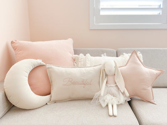 Beautiful Cushion, Champagne Moon and Blush Linen Star - Little Bambino Bear