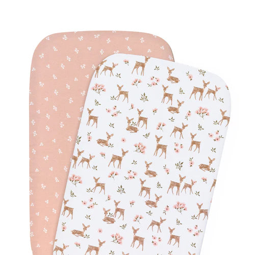 Two baby blankets with deer and floral patterns on a white background