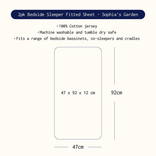 Measurement chart for a 2pk Bedside Sleeper Fitted Sheet by Sophia's Garden with dimensions and material details.
