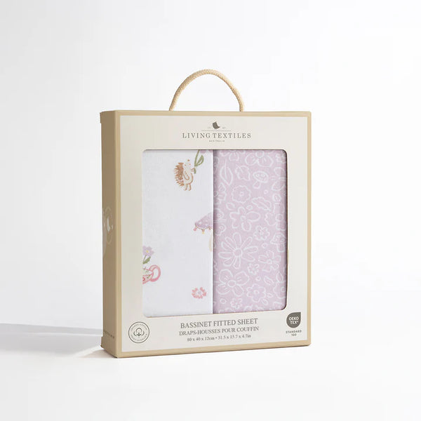 Living Textiles bassinet fitted sheet packaging with two sheets inside on a white background