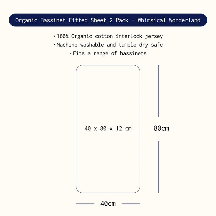 Product description of Organic Bassinet Fitted Sheet 2 Pack with dimensions and material details.