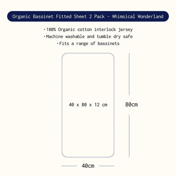 Product description of Organic Bassinet Fitted Sheet 2 Pack with dimensions and material details.