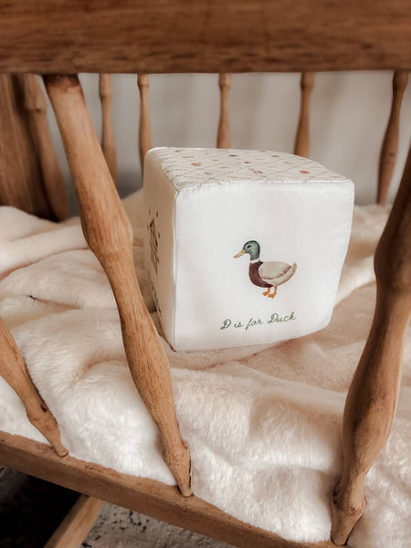 White cube with a duck illustration on a wooden chair