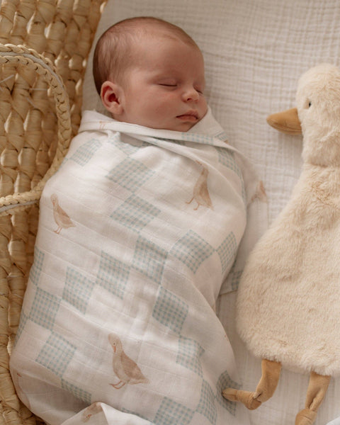 Newborn baby swaddled in a patterned blanket next to a plush duck toy in a wicker basket.