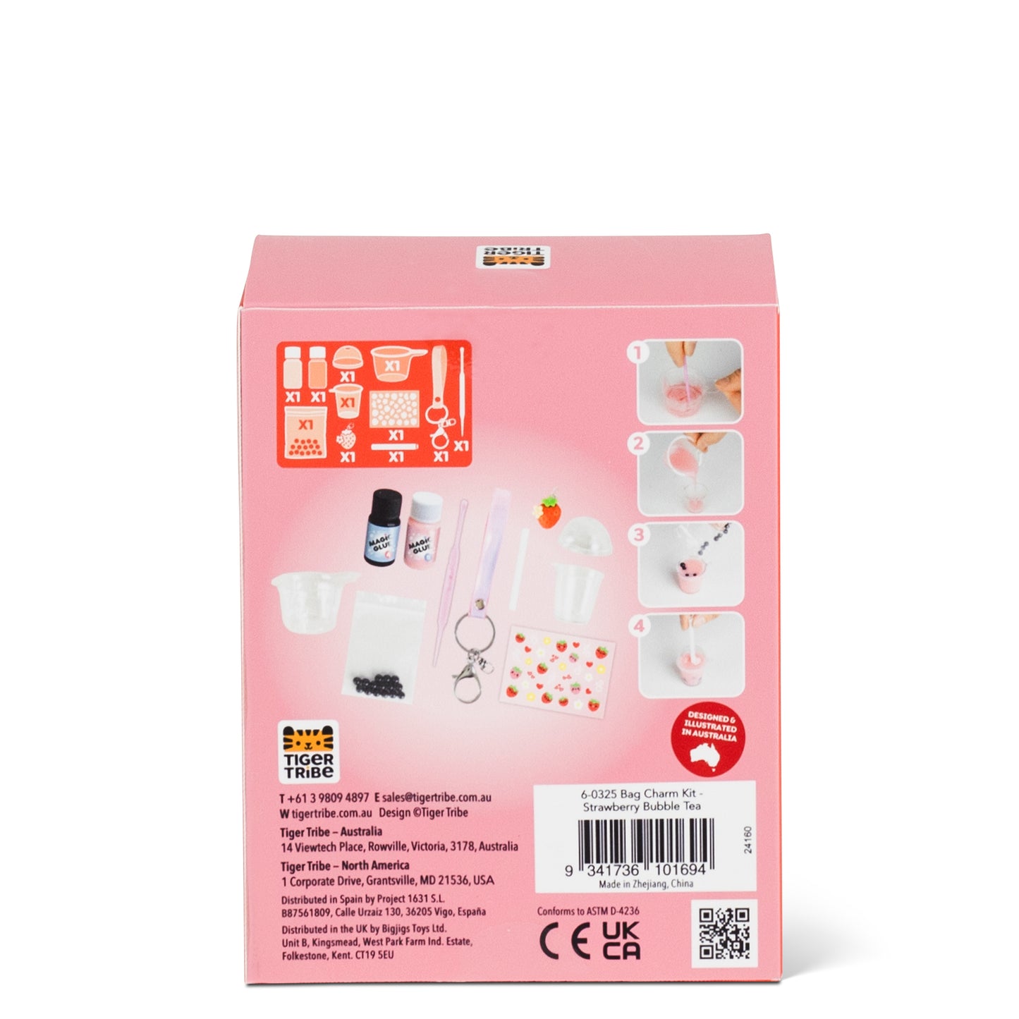 Tiger Tribe - Bag Charm Kit- Strawberry Bubble Tea back of box