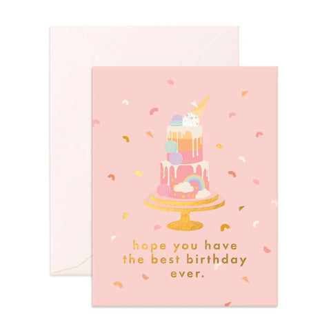 Greeting card with a cake illustration and text on a pink background