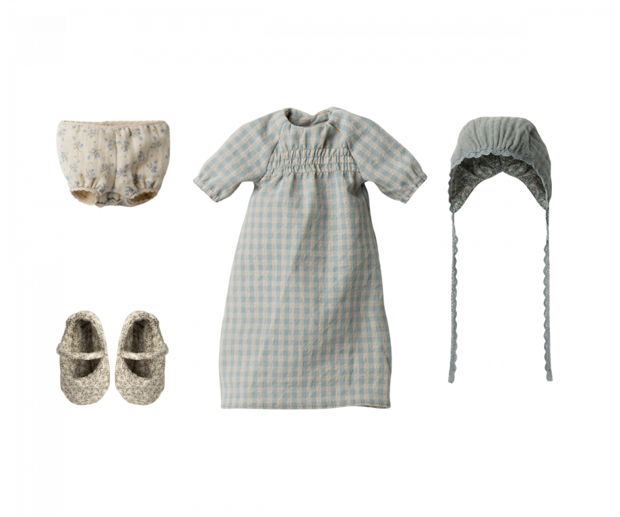 Maileg Bunny outfit set with dress, bloomers, shoes, and hat on a white background