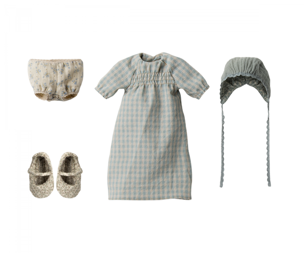 Maileg Bunny outfit set with dress, bloomers, shoes, and hat on a white background
