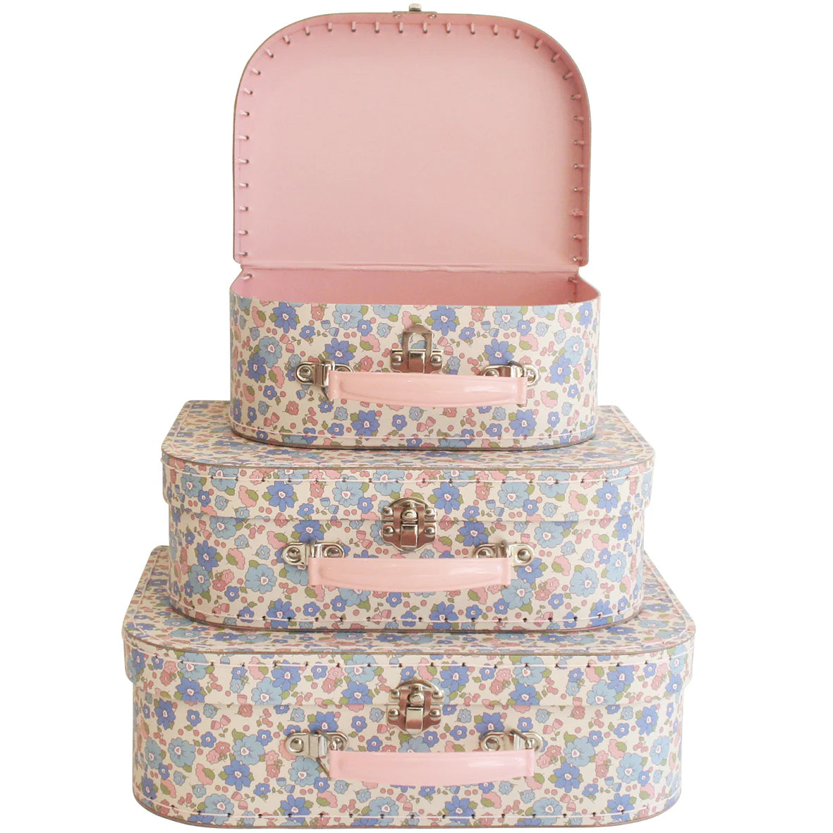 Set of three floral-patterned suitcases with pink accents on a white background