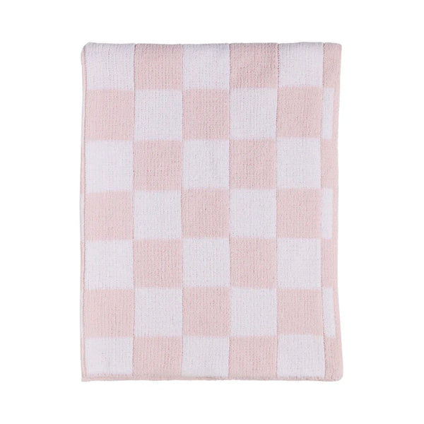 Pink and white checkered blanket on a white background