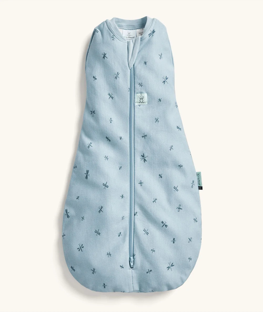 Blue baby sleeping bag with dragonfly pattern on a white background