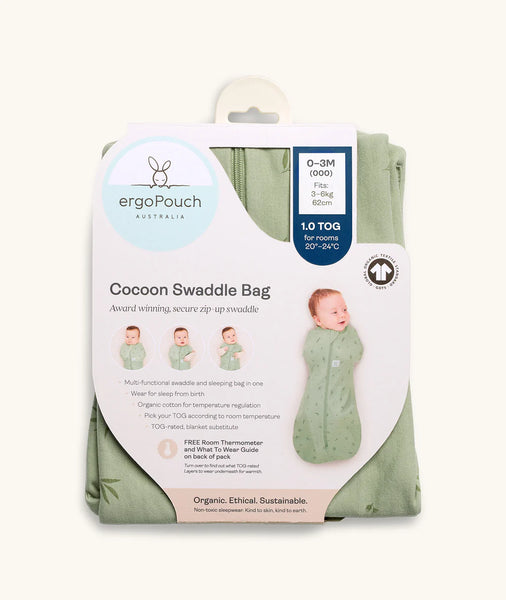 ErgaPouch Cocoon Swaddle Bag packaging with a baby image on a white background