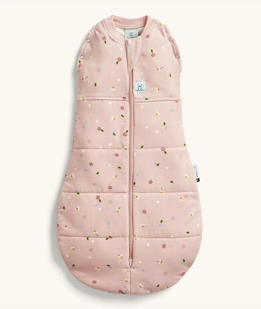 Pink baby sleeping bag with floral pattern on a white background