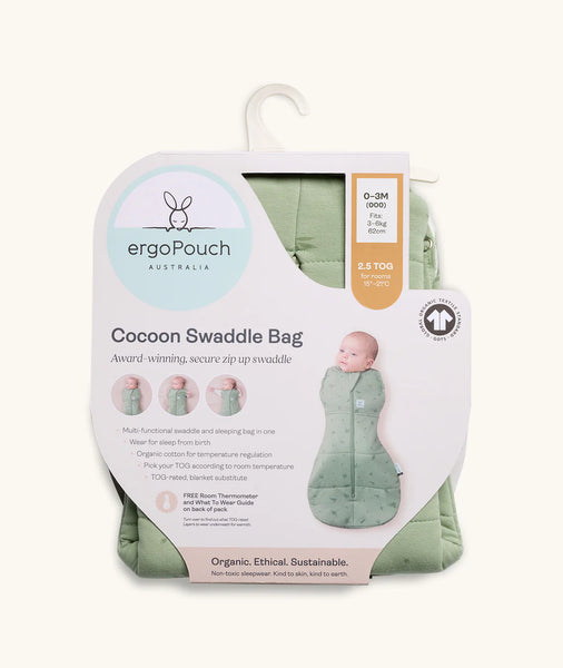 Cocoon Swaddle Bag packaging with ergoPouch branding on a white background