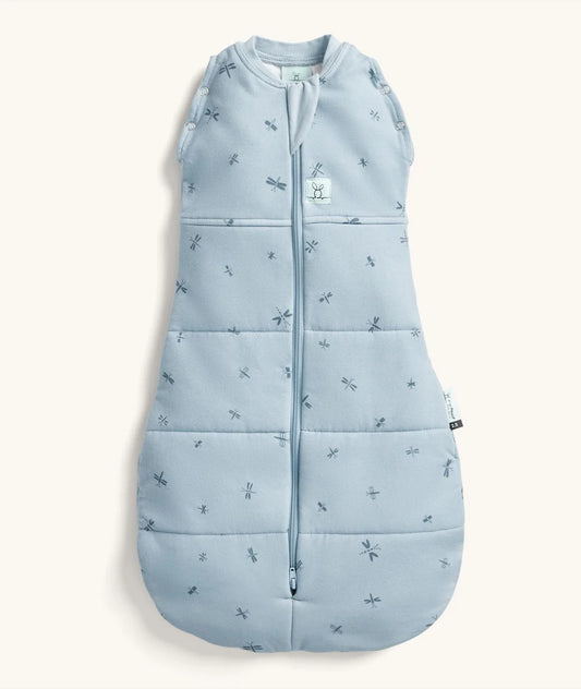 Blue baby sleeping bag with dragonfly pattern on a white background