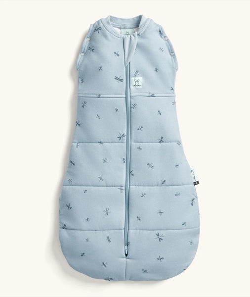 Blue baby sleeping bag with dragonfly pattern on a white background