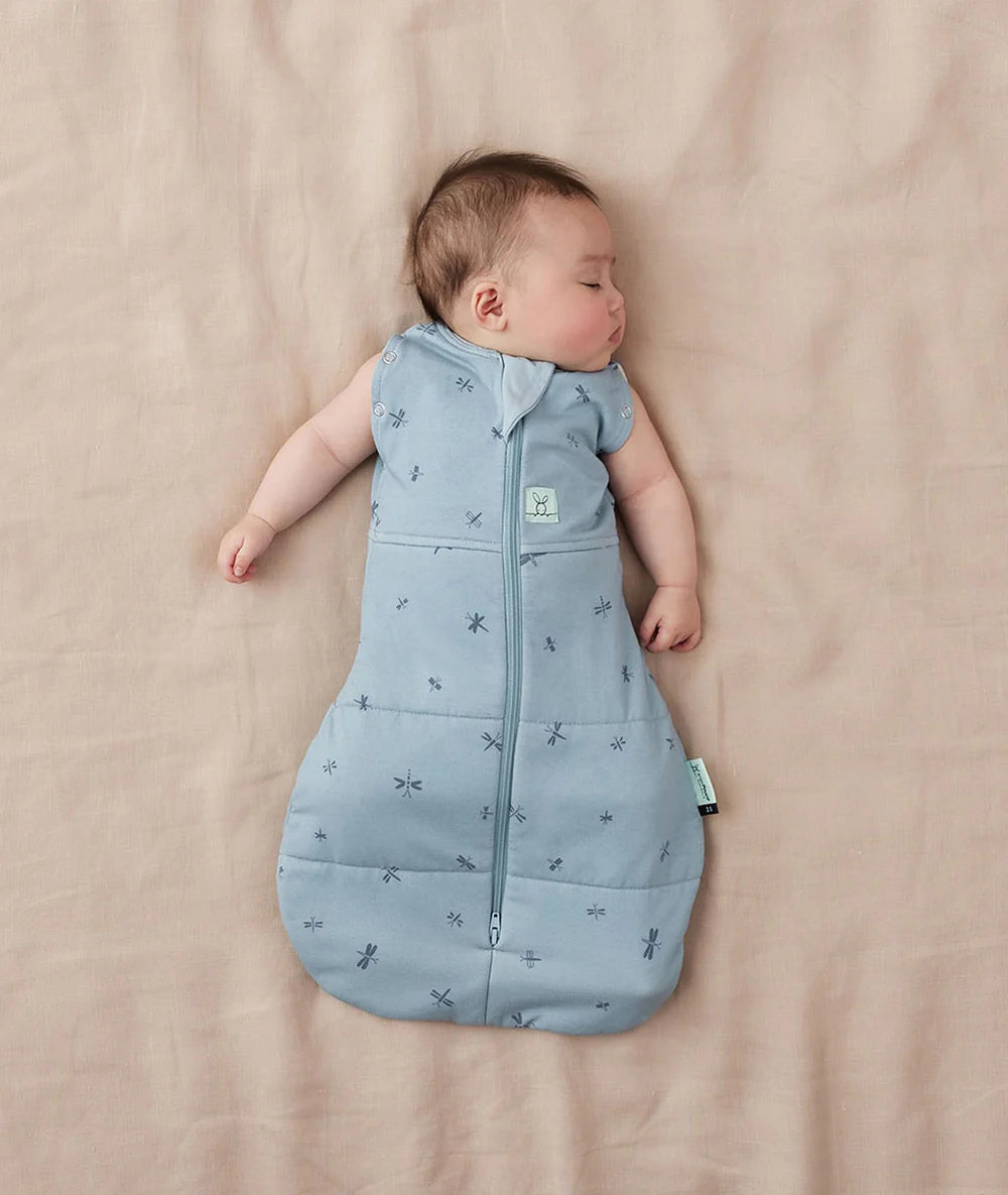 Baby sleeping in a blue patterned sleeping bag on a beige blanket