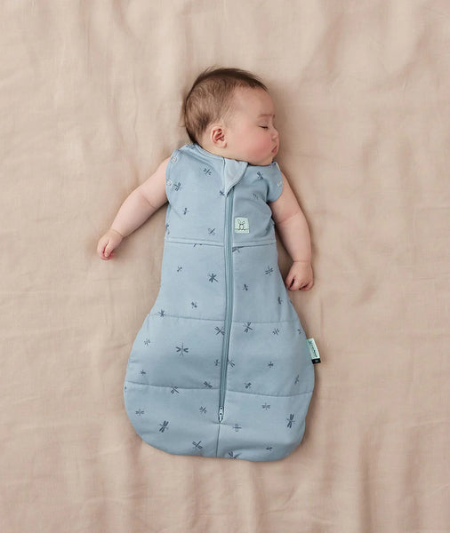 Baby sleeping in a blue patterned sleeping bag on a beige blanket