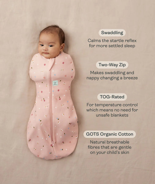 Baby swaddled in a pink organic cotton swaddle with text highlighting features.