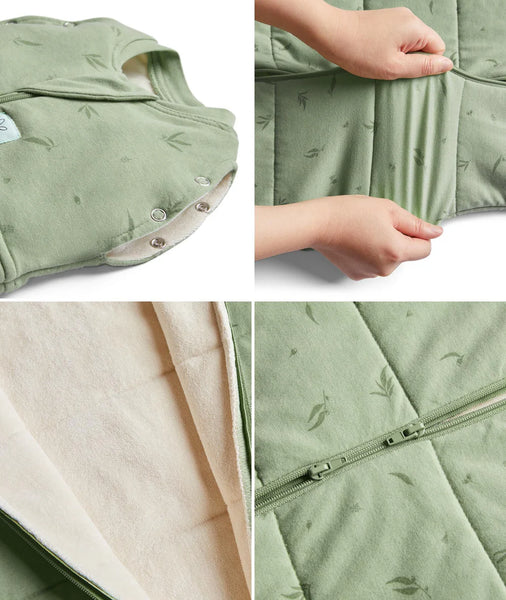 Collage of a green baby wrap with close-up details on a white background