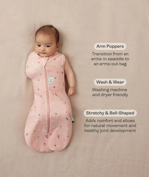 Baby in a pink swaddle with text describing features on a beige background