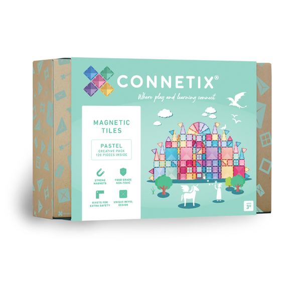 Connetix magnetic tiles packaging with colorful design on a white background. Connetix 120 Piece Pastel Creative Pack 