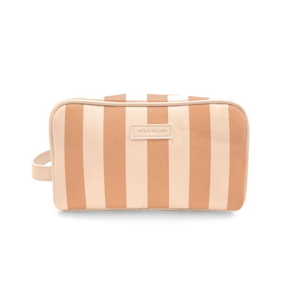 Striped toiletry bag with a visible brand logo on a white background