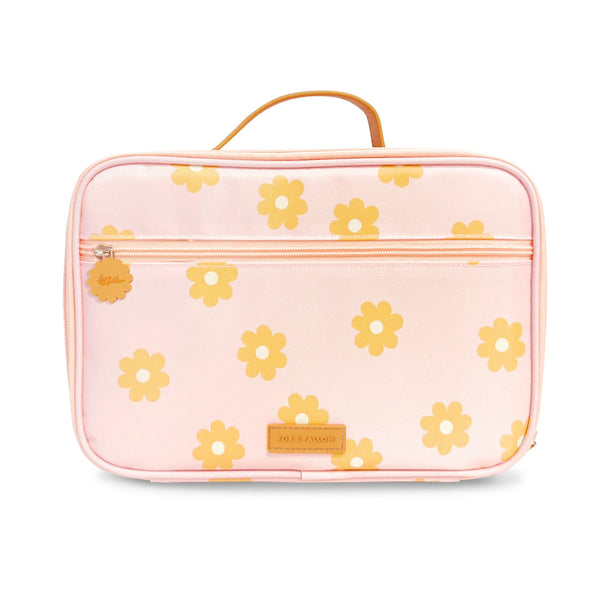 Pink lunch bag with yellow floral pattern on a white background