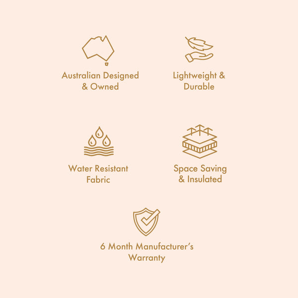 List of product features with icons and text on a beige background