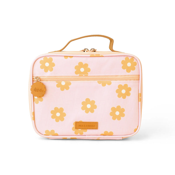 Pink lunch bag with yellow floral pattern on a white background