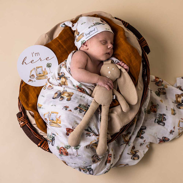 Newborn baby sleeping in a basket with a toy, wrapped in a patterned blanket on a beige background.