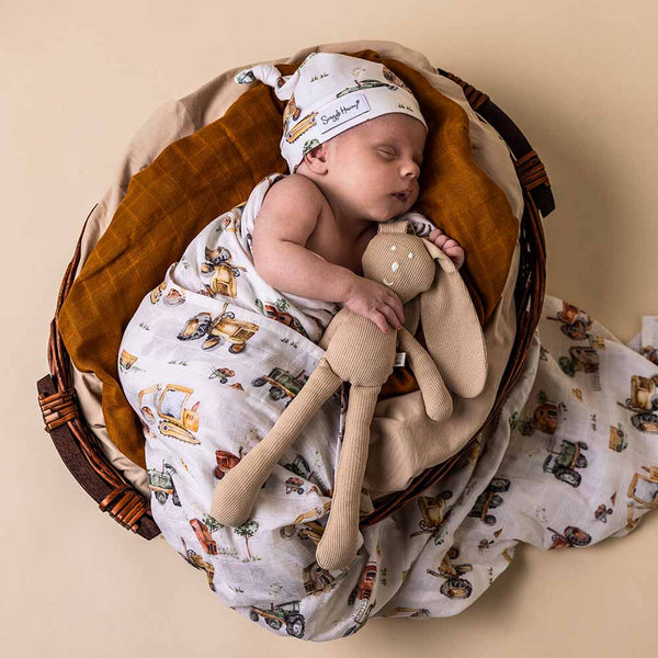 Newborn baby wrapped in a patterned blanket with a toy, wearing a matching hat, in a wooden basket.
