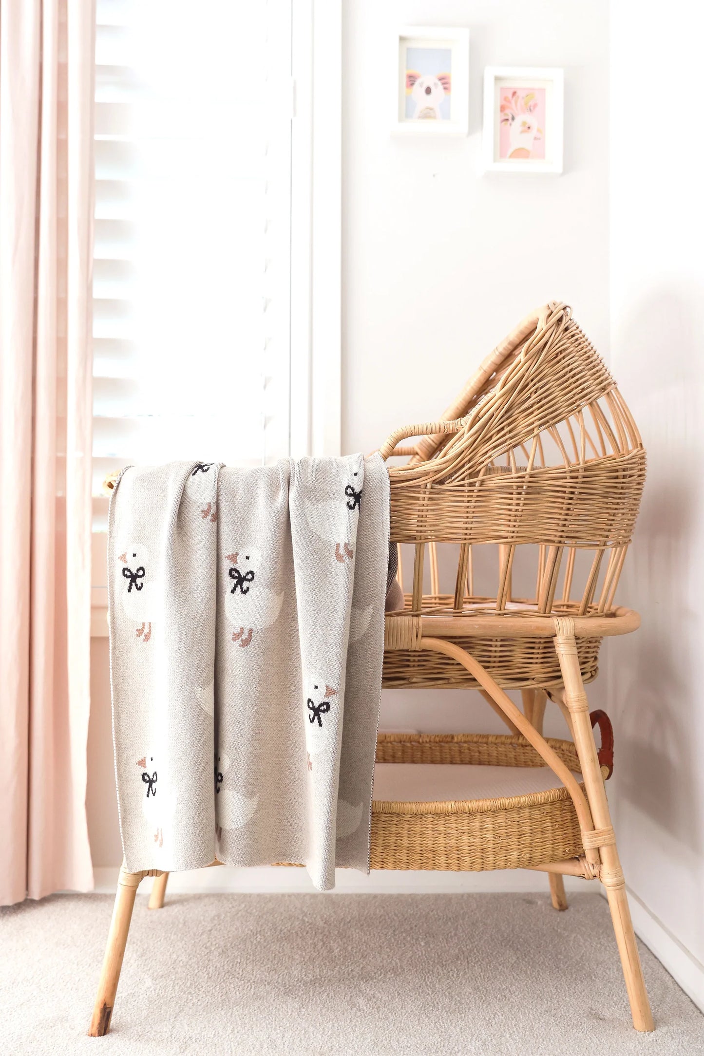 Wicker crib with a blanket in a softly lit room