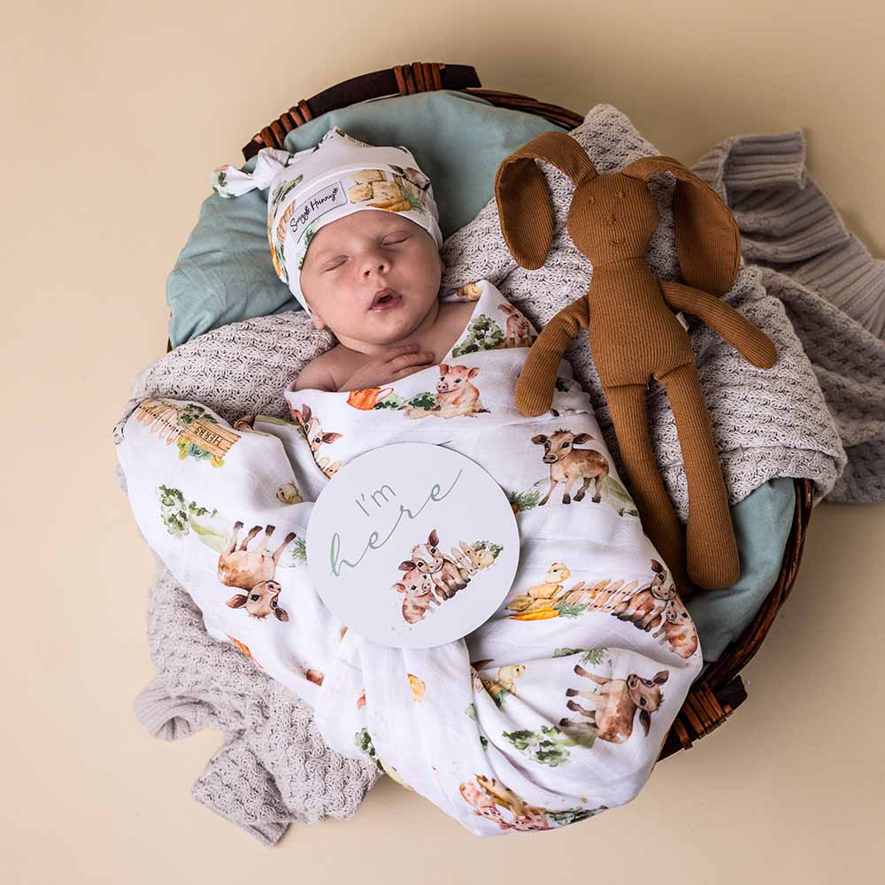 Newborn baby wrapped in a blanket with animal prints, wearing a matching hat, in a basket with a plush toy.