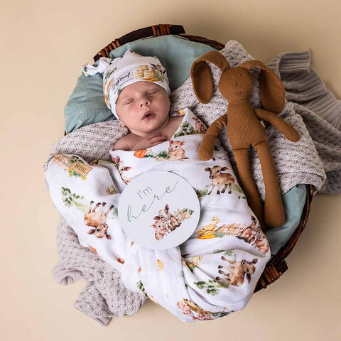 Newborn baby wrapped in a blanket with animal prints, wearing a matching hat, in a basket with a plush toy.