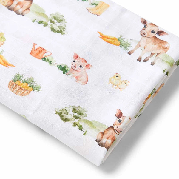 Flannel fabric with farm animal pattern on a white background