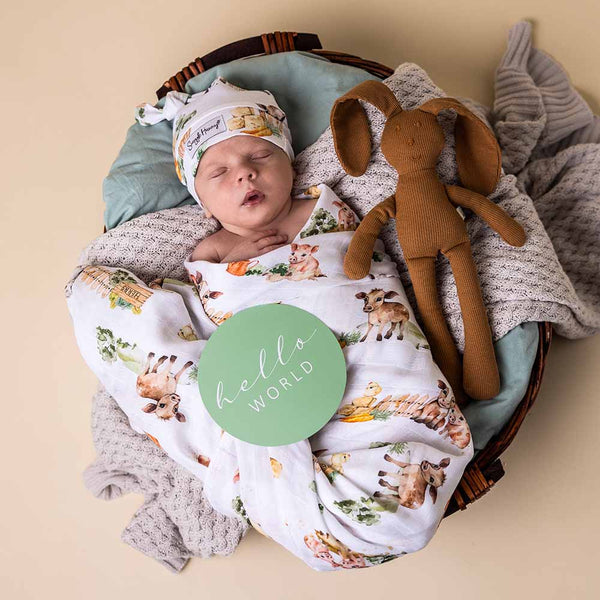 Newborn baby wrapped in a blanket with animal patterns, wearing a hat, and holding a toy in a basket.