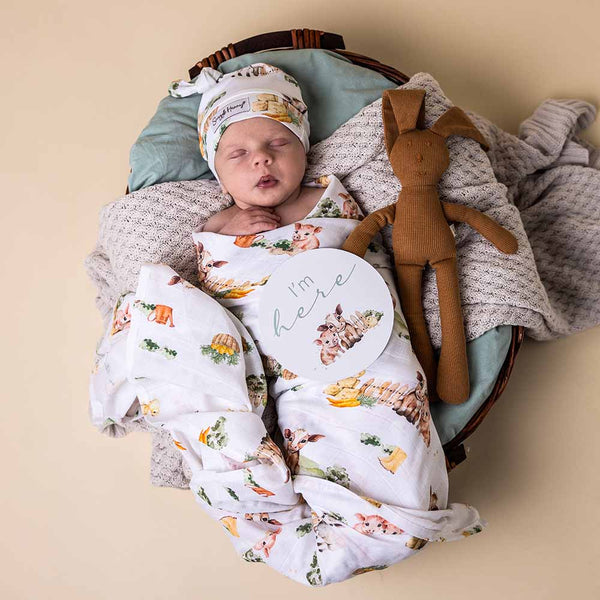 Newborn baby wrapped in a floral blanket with a teddy bear in a basket.