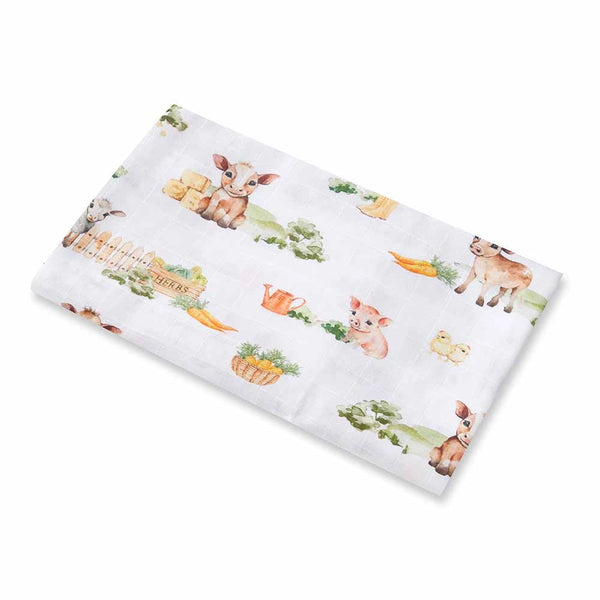 Fabric with farm animal and vegetable pattern on a white background